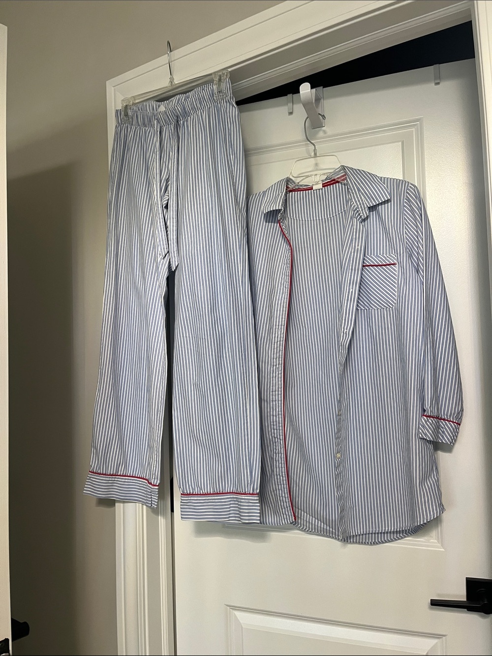 Women’s Blue and White Striped  Old Navy Pajama Set with Red Trim
